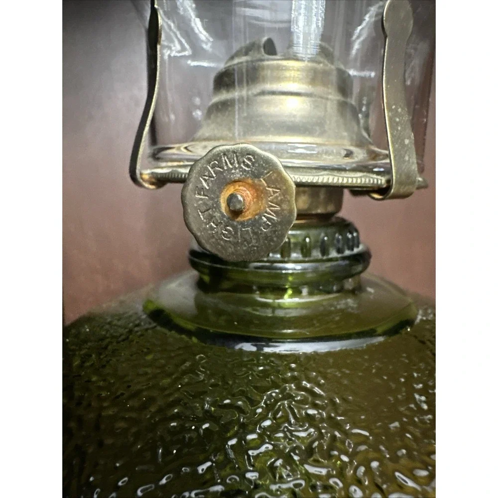 Vintage Green Glass Kerosene Oil Lamp & Chimney 18